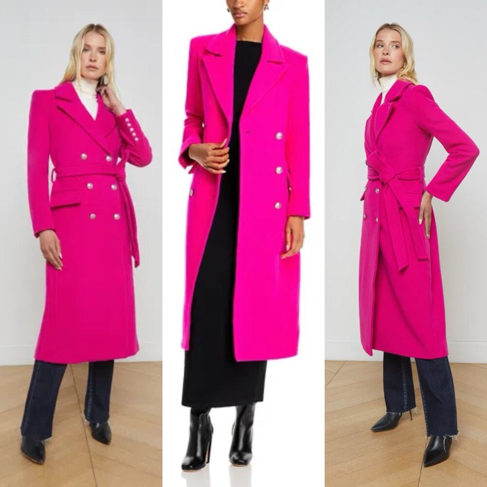 $1295 L'AGENCE Olina Double Breasted Long Belted Coat Berry Pink Size 2 NWT